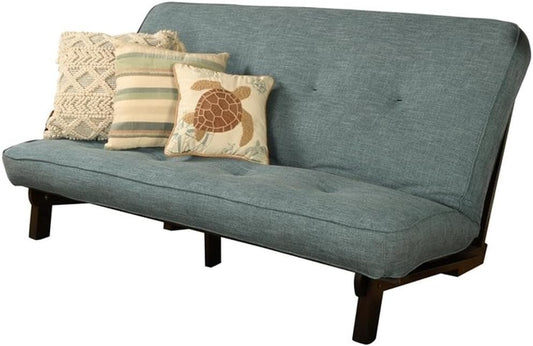 Carson Full Size Futon Frame and Mattress Set - Java Brown Finish Wood Futon Frame with Mattress Included in Linen Aqua Color