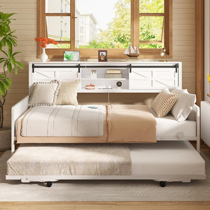 Daybed with Trundle, Farmhouse Twin Day Bed with Bookcase Headboard and Charging Station, Heavy Duty Metal Sofa Bed Frame with Pop-Up Trundle Bed for Living Room, Bedroom, White