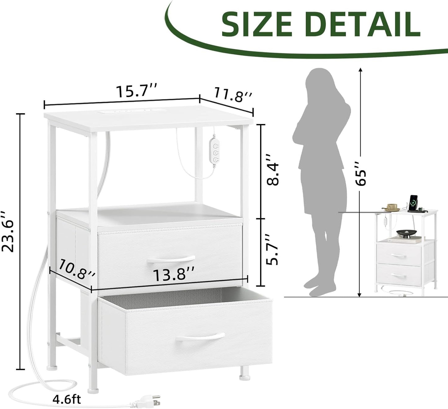 White Nightstand with Charging Station and LED Light for Bedroom, 2 Drawers Dresser with Fabric Bins for Bedside Kids Dorm Room Closet Laundry Entryway, White Leather