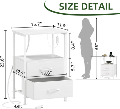 White Nightstand with Charging Station and LED Light for Bedroom, 2 Drawers Dresser with Fabric Bins for Bedside Kids Dorm Room Closet Laundry Entryway, White Leather