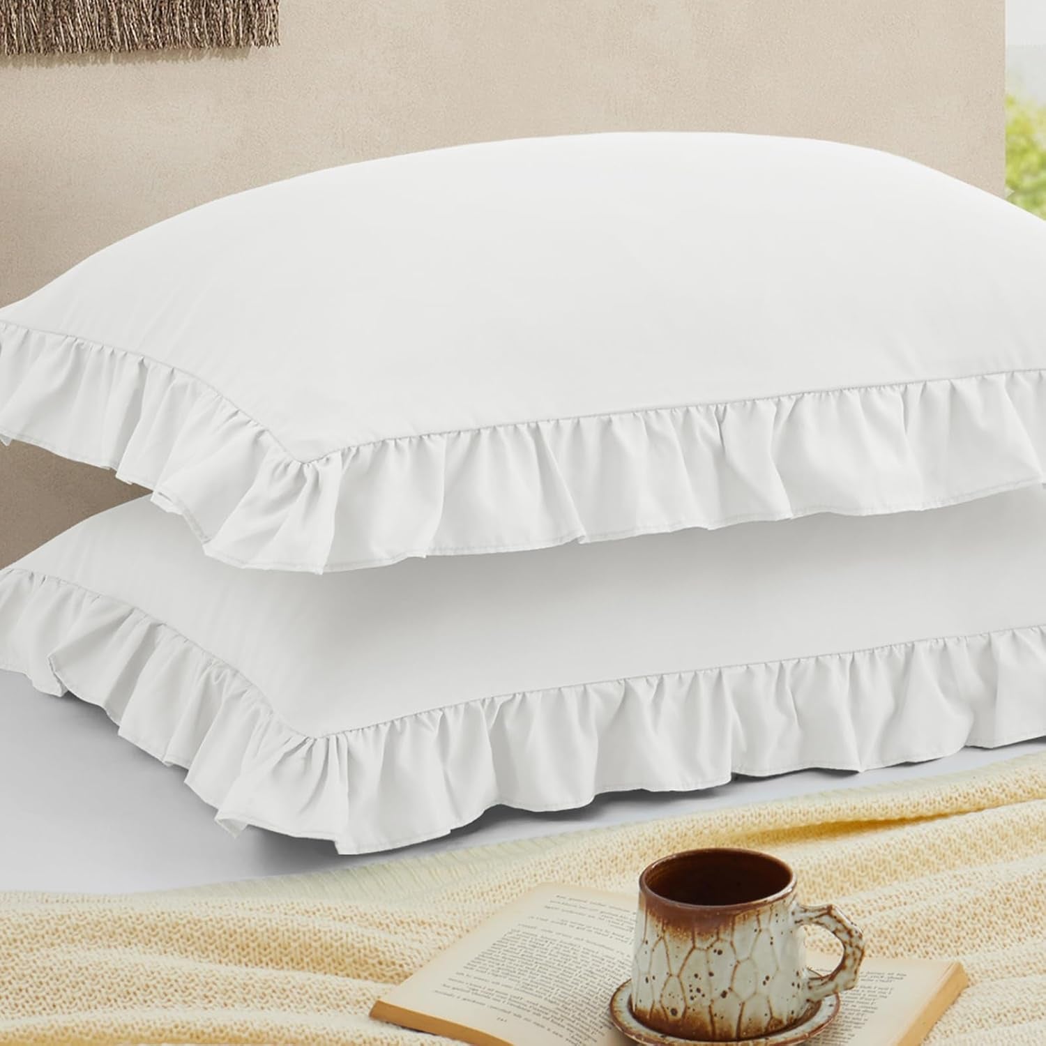 Ruffled Pillow Cases Set of 2, White King Pillow Shams Brushed Microfiber Edge Ruffled Soft Pillow Cover with Envelope Closure for Bedding Decor (20"X36")