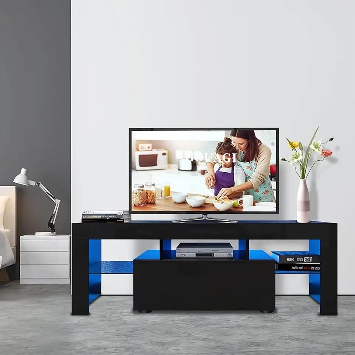 LED TV Stand for Televisions up to 55 Inchs,Modern Entertainment Center with Storage Drawer and Glass Shelf, TV Console Table for Living Room,Bedroom (Black, 50In)