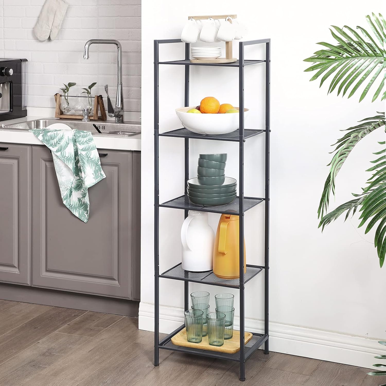 5-Tier Storage Rack, Bathroom Shelf, Extendable Plant Stand with Adjustable Shelf, for Bathroom, Living Room, Balcony, Kitchen, Black UBSC35BK, 11.8 X 15 X 50.4 Inches