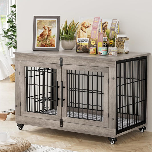Large Dog Crate Furniture, 38'' Wooden Dog Crate End Table, Double Door Dog Kennel Indoor with Cushion & Wheels, Decorative Dog Cage House Chew-Resistant for Large/Medium, Grey
