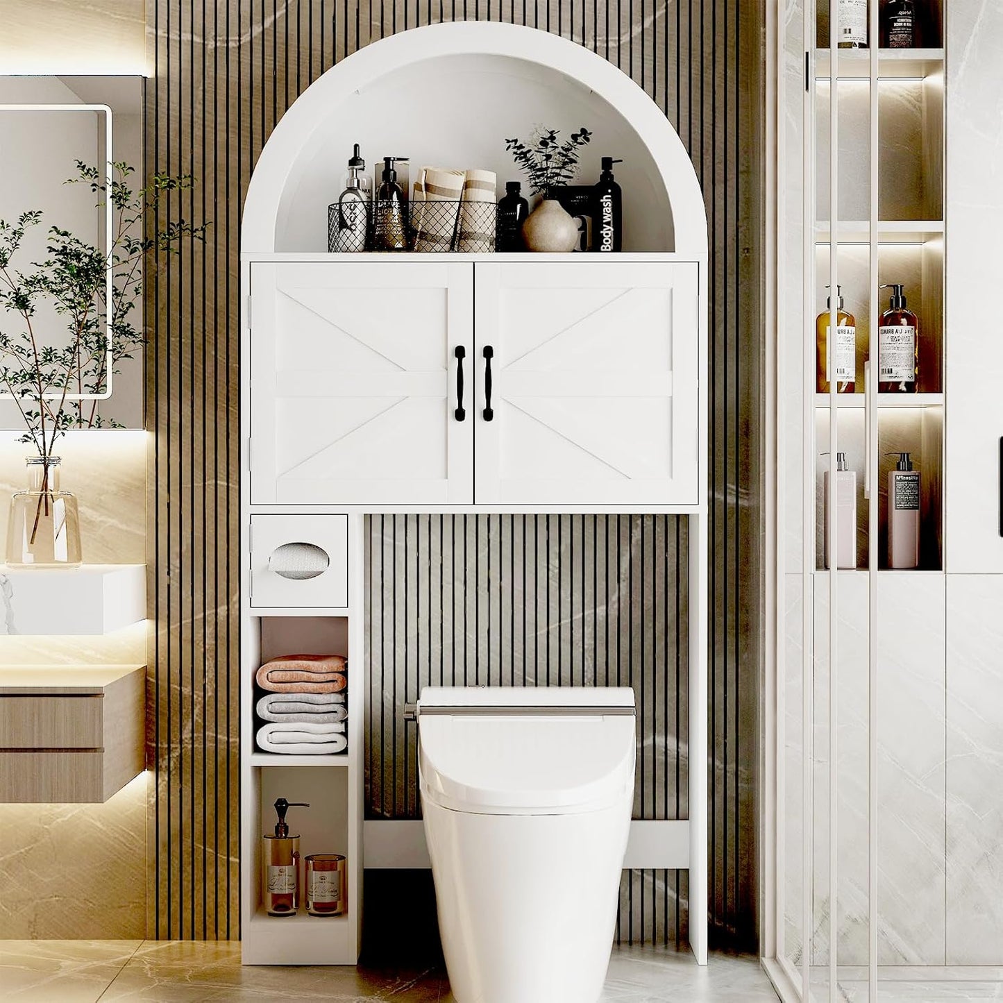 Over the Toilet Storage Cabinet, Farmhouse Bathroom Organizers and Storage with 2 Barn Door & Toilet Paper Holder Stand，Home Space-Saving Toilet Rack, for Bathroom, Restroom and Laundry, White