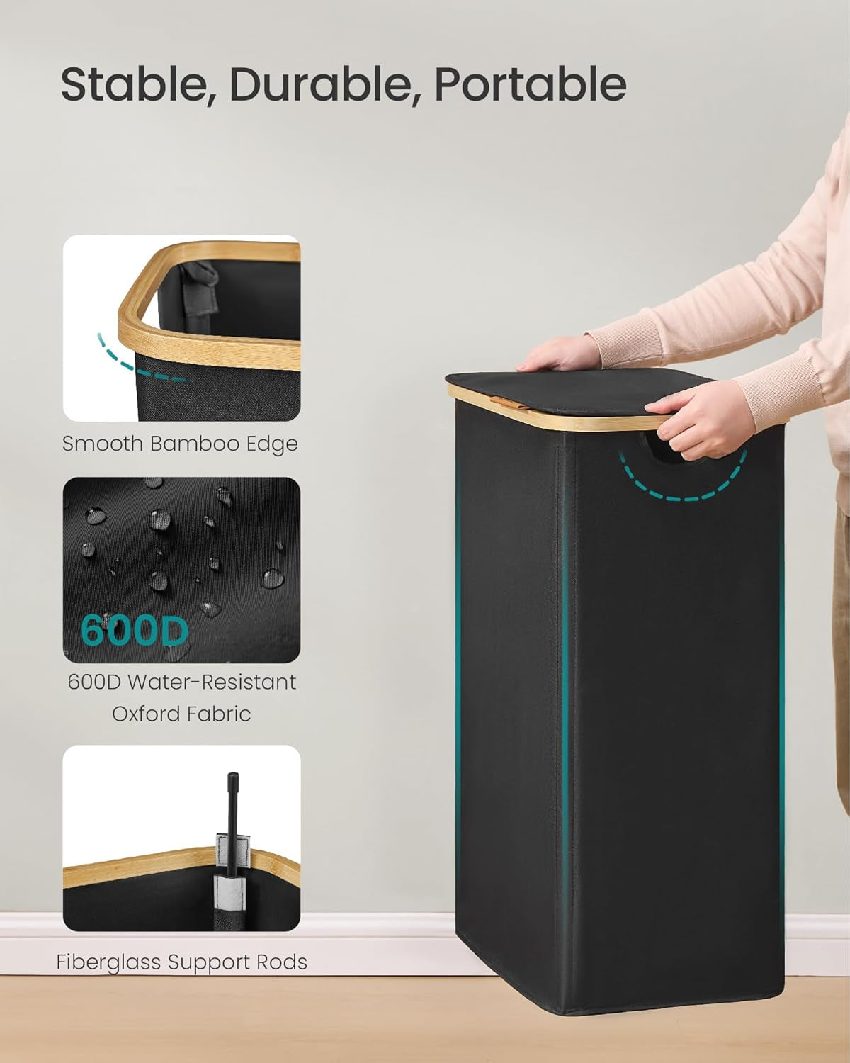 Laundry Hamper, Laundry Basket with Lid, Foldable Storage Basket, Bamboo Frame, for Bedroom, Living Room, Oxford Fabric, 26.4 Gal. (100 L), Ink Black ULCB518BH01