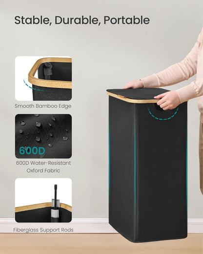 Laundry Hamper, Laundry Basket with Lid, Foldable Storage Basket, Bamboo Frame, for Bedroom, Living Room, Oxford Fabric, 26.4 Gal. (100 L), Ink Black ULCB518BH01