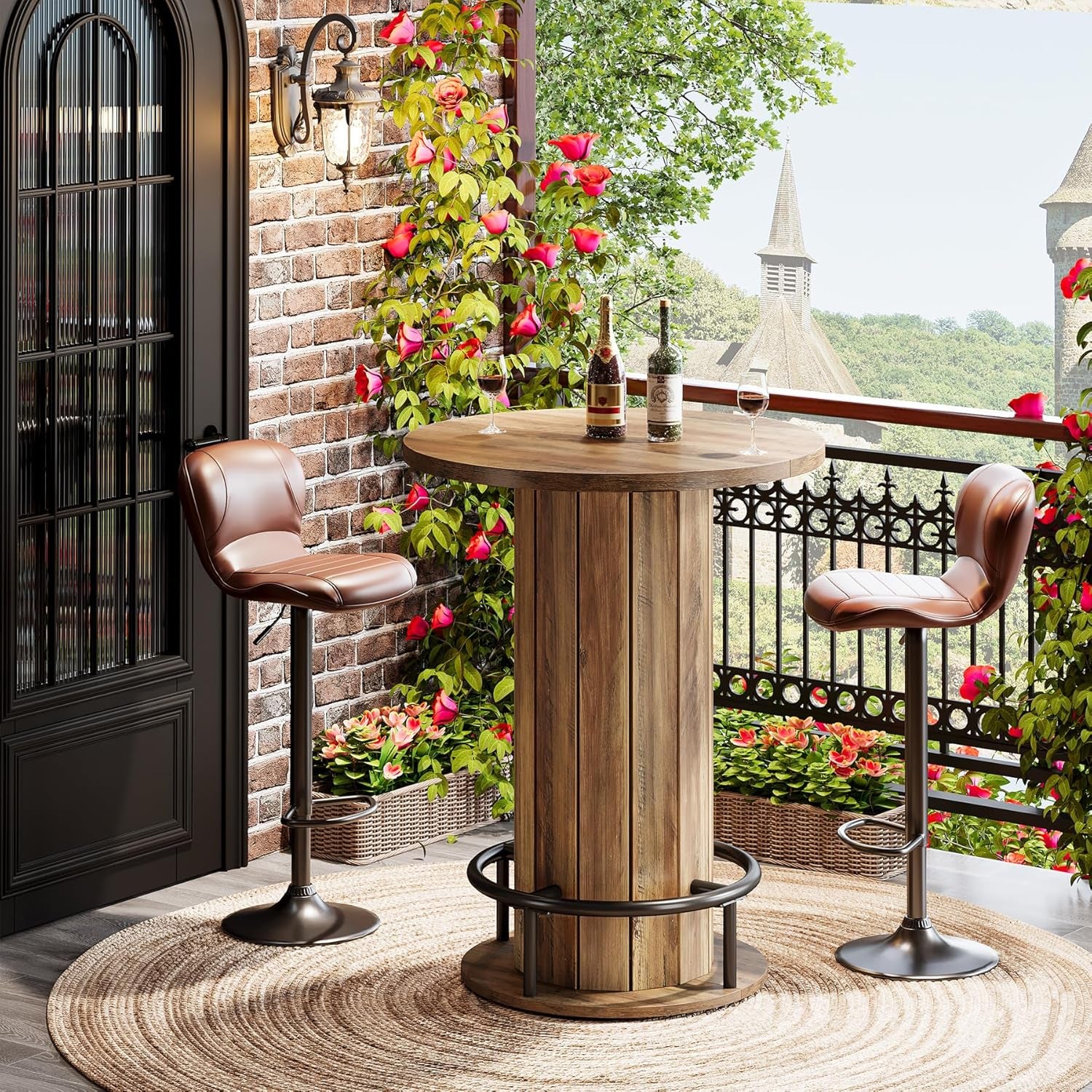 round Bar Table, 39.4" H Wood Bistro Pub Table with Metal Ring Footrest for Dining Coffee Cocktail Living Room, Small Space, Brown(Only Table)