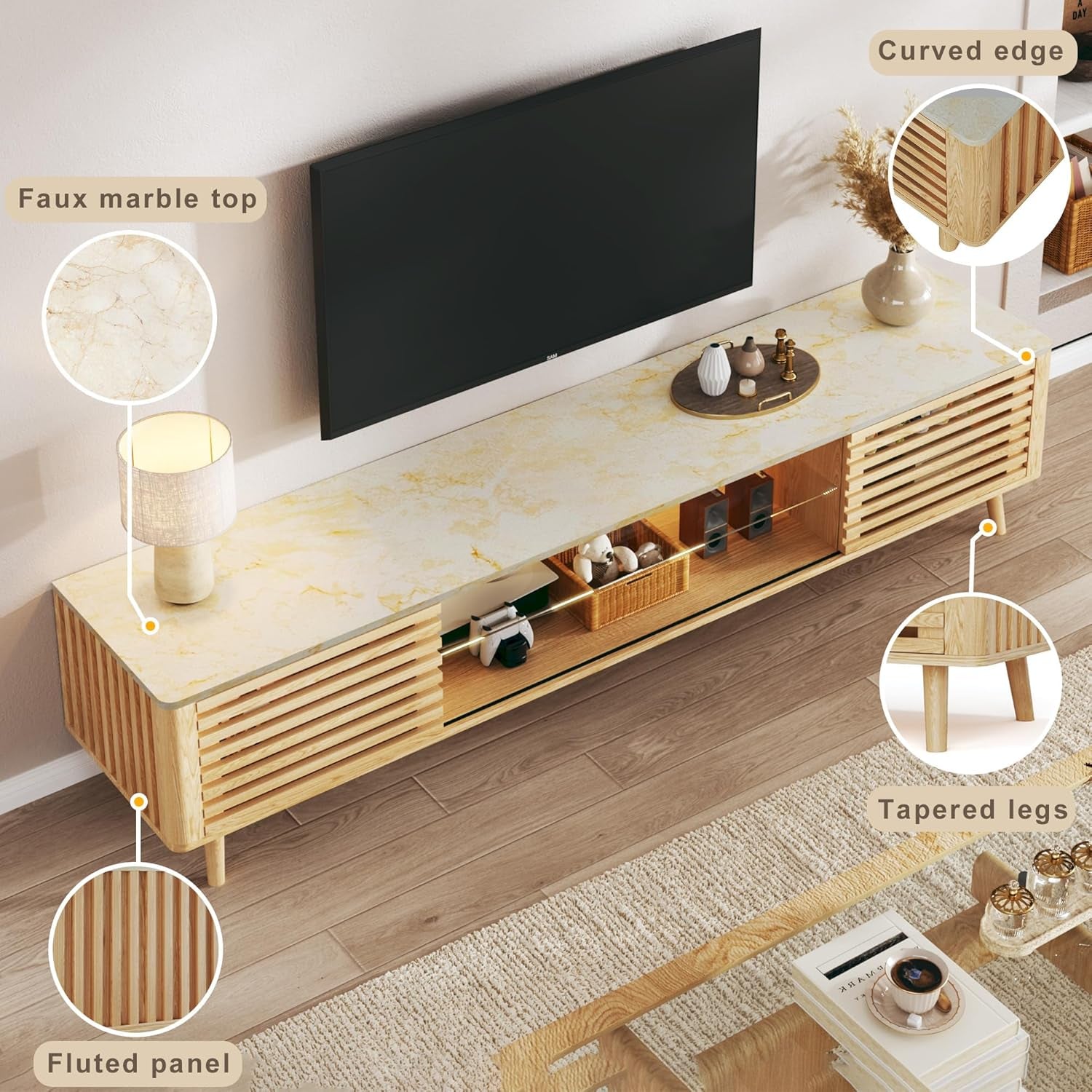 70" TV Stand for 55/65/75 Inch TV, Faux Marble Top Entertainment Center with Slatied Sliding Door & LED Lights, Mid Century Modern Style, Low TV Console with Glass Shelves for Bedroom