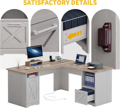 L Shaped Desk with File Drawer, 60" Corner Computer Desk with Power Outlets, Home Office Desk with Monitor Stand & Storage Shelves & File Cabinet, Grey Wash