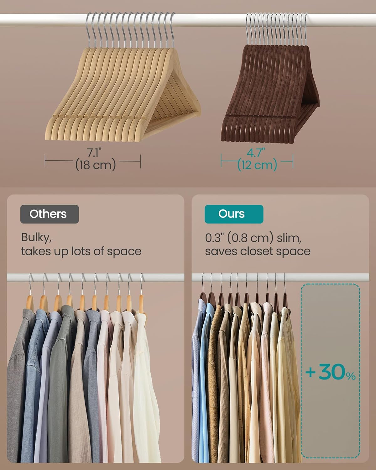 Wooden Hangers, Pack of 30, Coat Hangers, Pants Bar, 360° Swivel Hooks, Solid Birch Wood, Space Saving, for Jackets, Shirts, Coats, Walnut Brown UCRW030K02