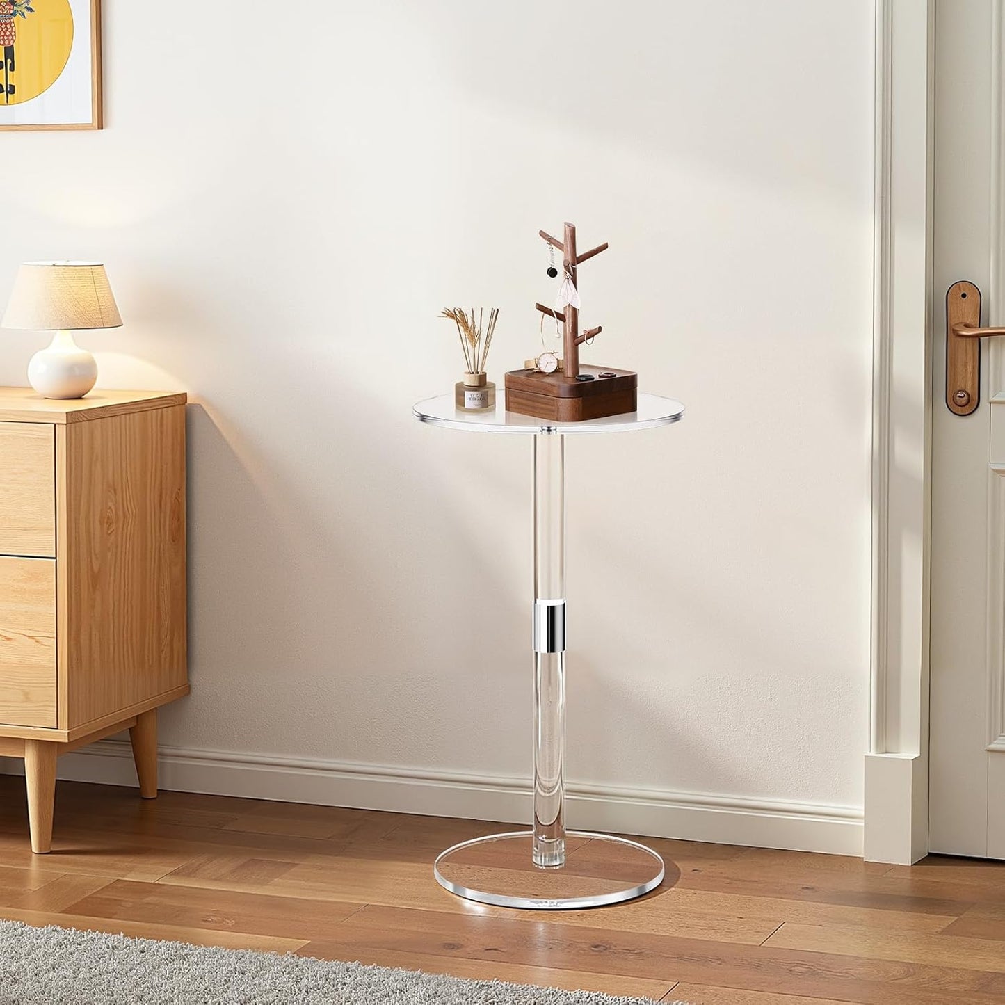 Acrylic Drink Table, Small round Side Table with Solid Post, Modern Clear End Table Transparent Cake Desk for Coffee, Cocktail, Dessert, Snack, Living Room, Bedroom, Bathroom, Easy Assembly