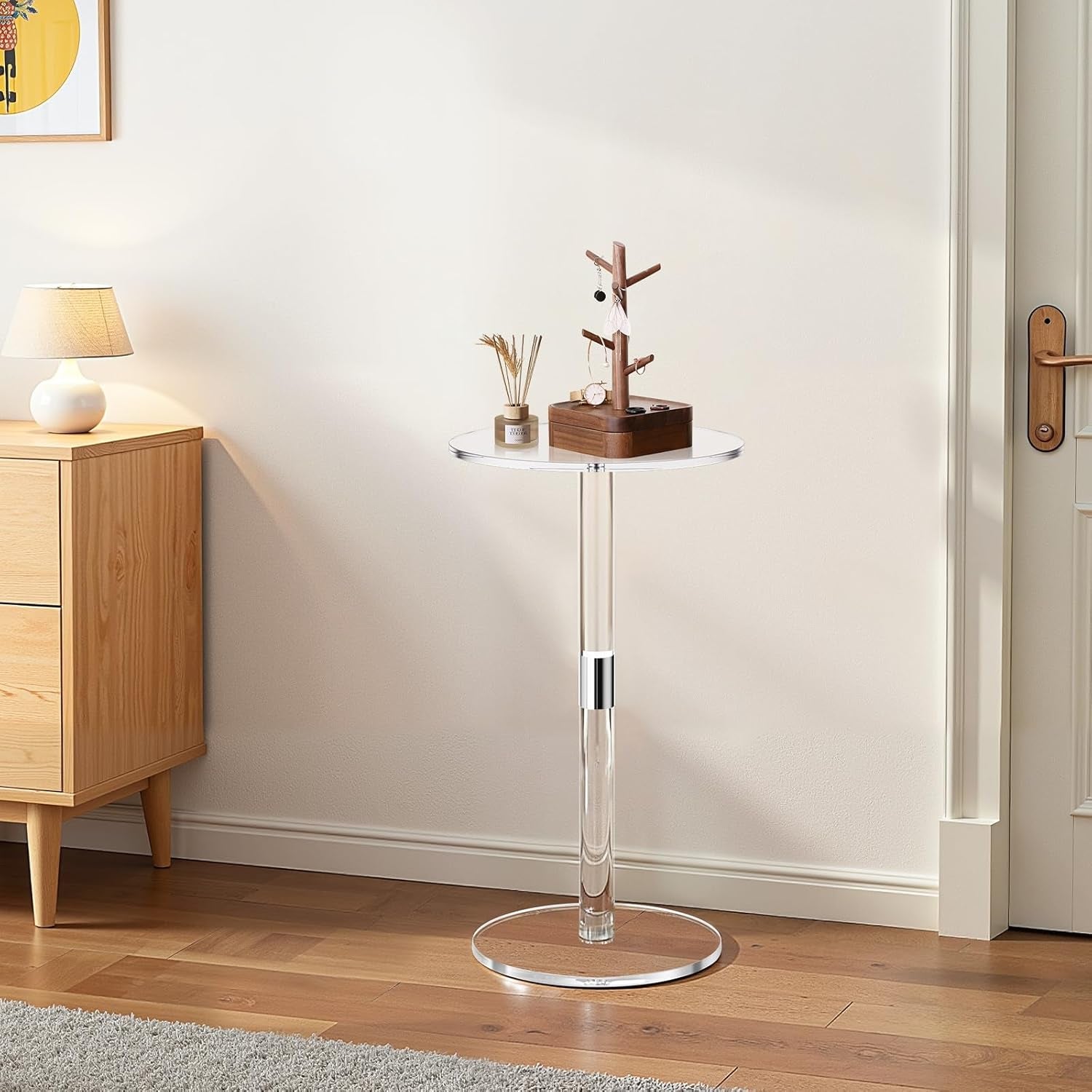 Acrylic Drink Table, Small round Side Table with Solid Post, Modern Clear End Table Transparent Cake Desk for Coffee, Cocktail, Dessert, Snack, Living Room, Bedroom, Bathroom, Easy Assembly