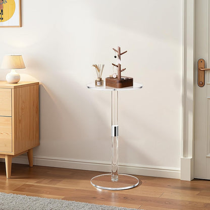 Acrylic Drink Table, Small round Side Table with Solid Post, Modern Clear End Table Transparent Cake Desk for Coffee, Cocktail, Dessert, Snack, Living Room, Bedroom, Bathroom, Easy Assembly