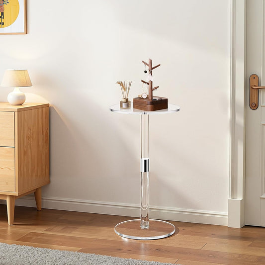 Acrylic Drink Table, Small round Side Table with Solid Post, Modern Clear End Table Transparent Cake Desk for Coffee, Cocktail, Dessert, Snack, Living Room, Bedroom, Bathroom, Easy Assembly