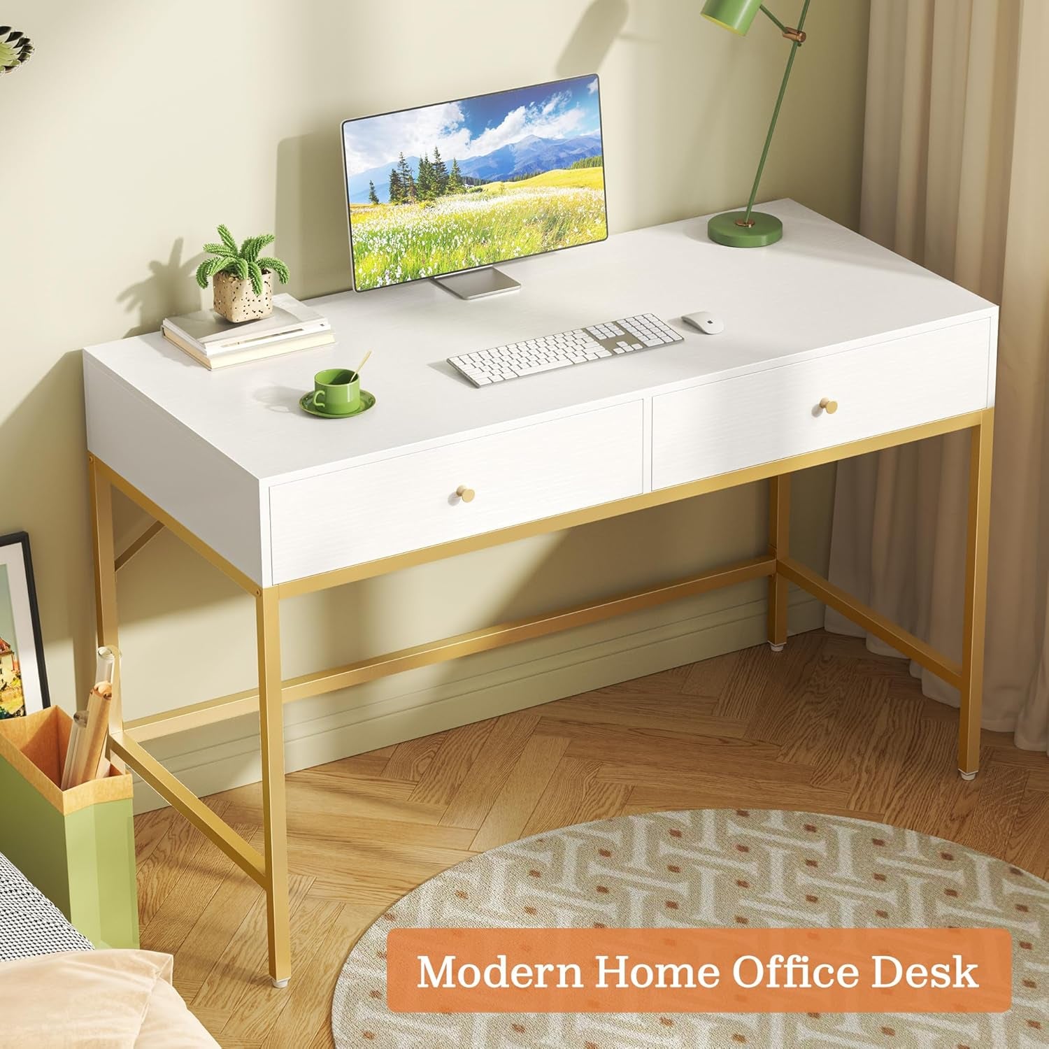 Vanity Desk with Drawers, 47 Inch Computer Desk, Modern Simple Home Office Desks, Makeup Dressing Table for Bedroom - White and Gold