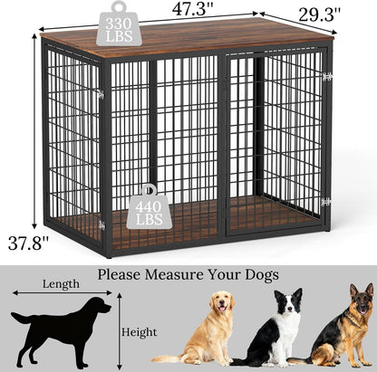 48" Dog Crate Furniture for Medium Large Dogs, Indestructible Large Dog Kennel Indoor with 3 Doors, Wooden Dog Cage Side End Table, Heavy Duty XL Dog Crate, Brown