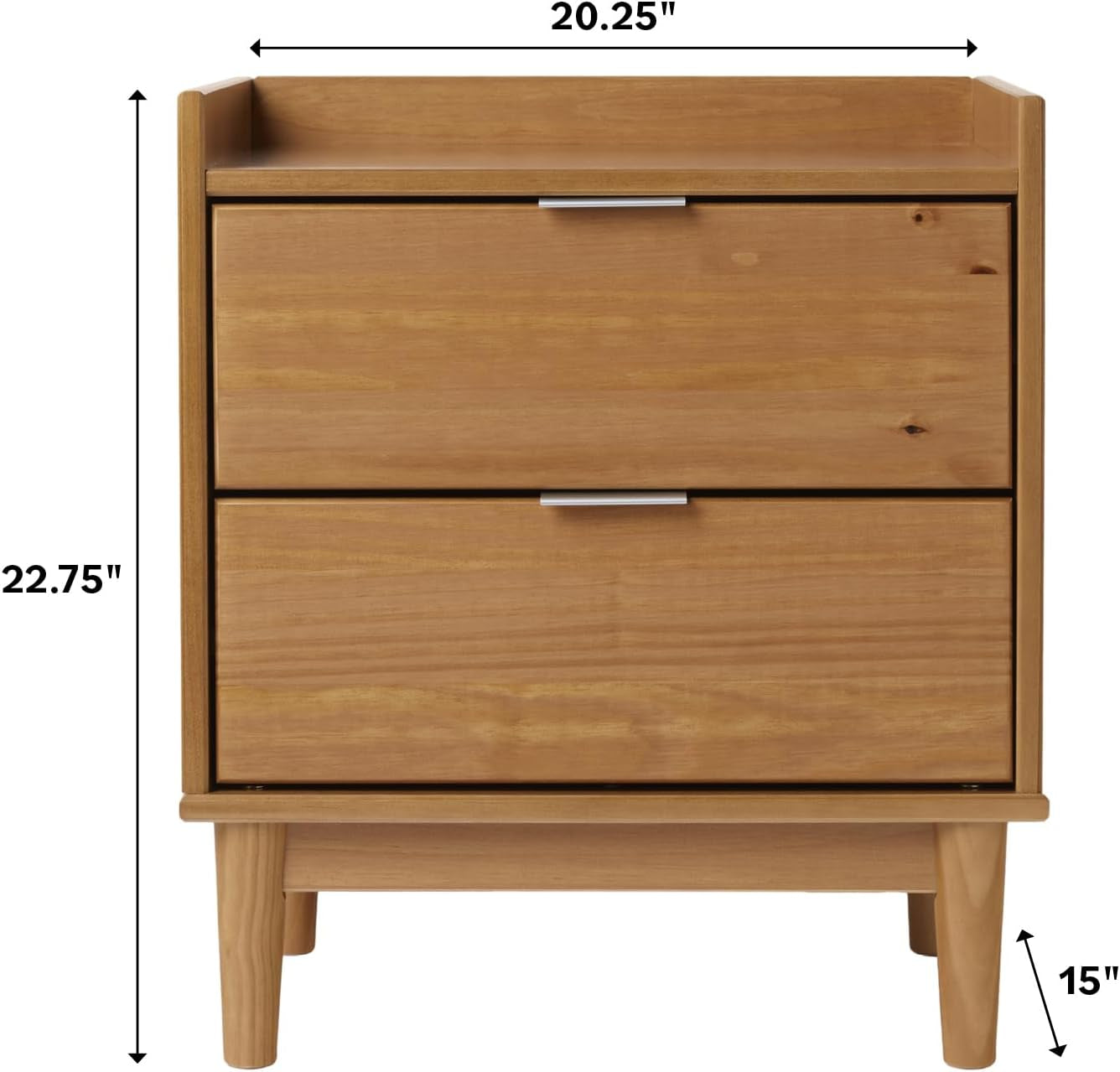 Mid-Century Modern 2-Drawer Solid Wood Nightstand, 20 Inch, Set of 2, Caramel