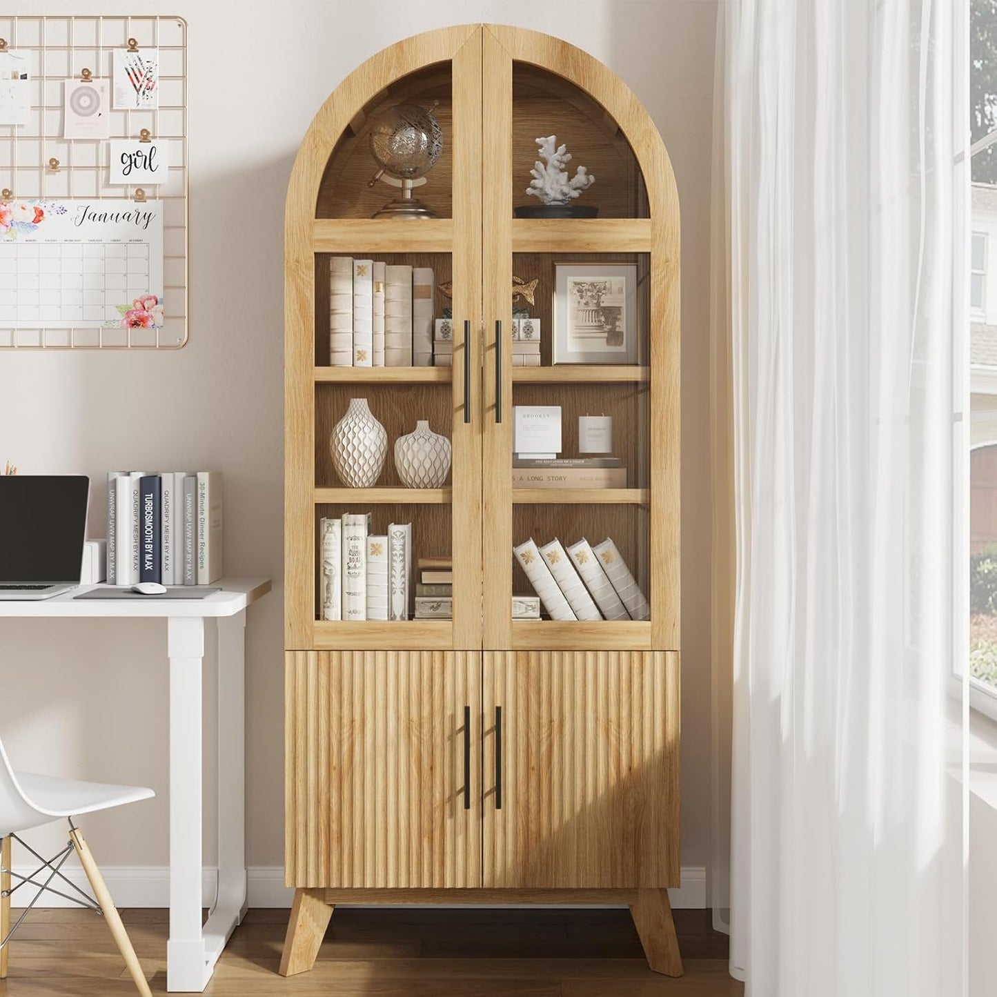71" Modern Fluted Display Cabinet with Glass Door, Arched Curio Cabinet with Adjustable Shelf, Bookcase for Collectibles Books, Storage Cabinet for Living Room, Dining Room, Natural Oak