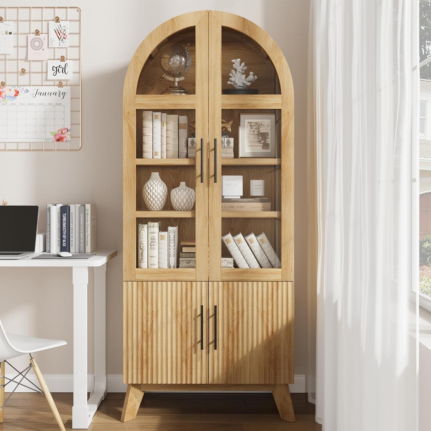 71" Modern Fluted Display Cabinet with Glass Door, Arched Curio Cabinet with Adjustable Shelf, Bookcase for Collectibles Books, Storage Cabinet for Living Room, Dining Room, Natural Oak