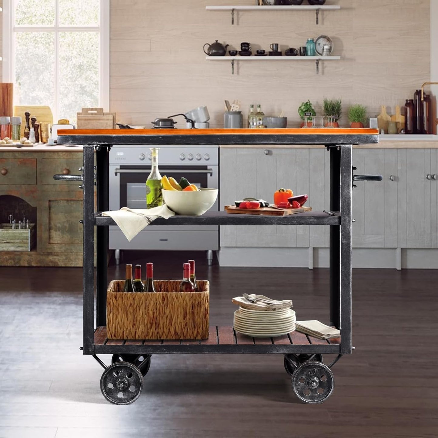 Industrial 3 Tier Rolling Utility Storage Cart Wine Beverage, Metal Wine Rack with Wheels Kitchen Bar Dining Room Tea Wine, Storage Cart with Wood