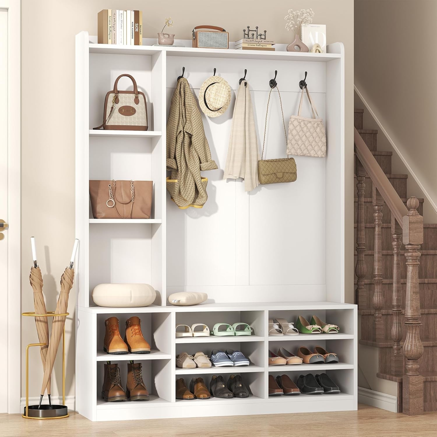 Hall Tree with Bench and Shoe Storage, 5-In-1 Entryway Storage Bench, Shoe Rack with Coat Rack, 8 Shoe Cubbies & 5 Coat Hooks, Adjustable Shelf, White