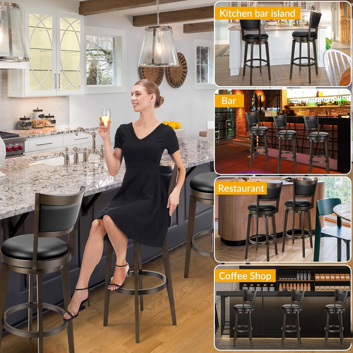 Swivel Bar Stools Set of 2, 30 Inch Bar Height Barstools, Black Faux Leather Bar Stool with High Backrest & Solid Wood Legs & Wrap-Around Footrest, Counter Stools for Kitchen Island, Pub