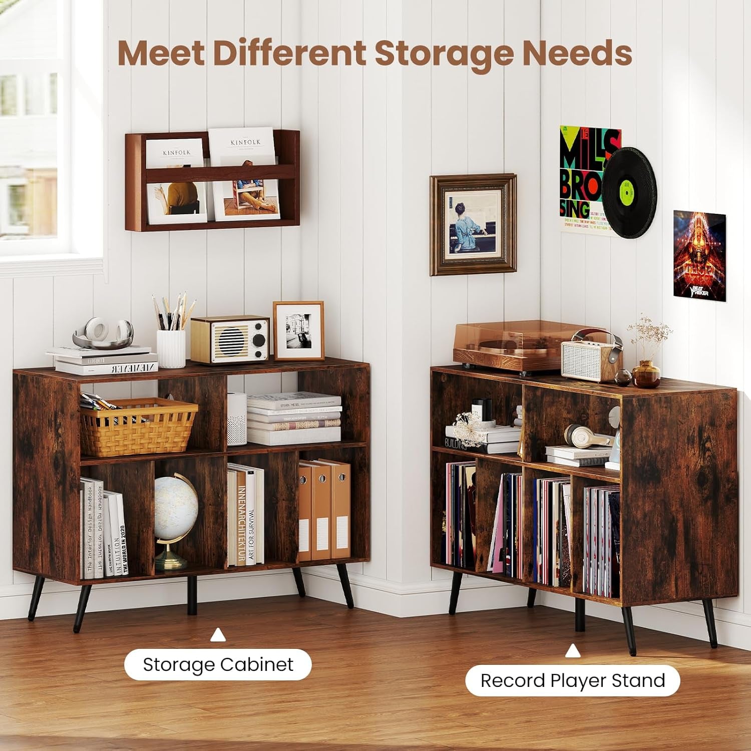Large Record Player Stand with Charging Station, Turntable Stand Holds up to 450 Albums, Record Player Table with Raised Leg, Vinyl Record Storage for Living Room (Rustic Brown)