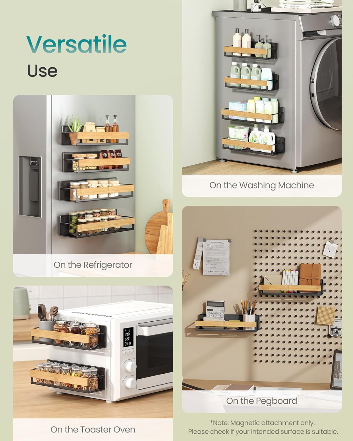 Magnetic Spice Rack for Refrigerator, 4 Pack, 2 Large and 2 Small Kitchen Magnetic Shelves for Washing Machine, Spice Organizers, No Drilling Needed, Ink Black and Light Bamboo UKCS062BH01