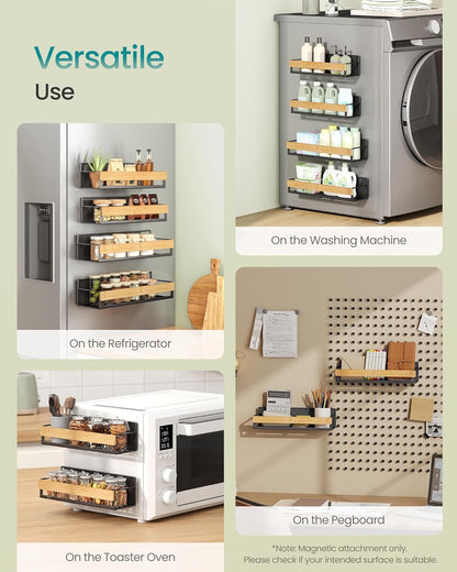 Magnetic Spice Rack for Refrigerator, 4 Pack, 2 Large and 2 Small Kitchen Magnetic Shelves for Washing Machine, Spice Organizers, No Drilling Needed, Ink Black and Light Bamboo UKCS062BH01