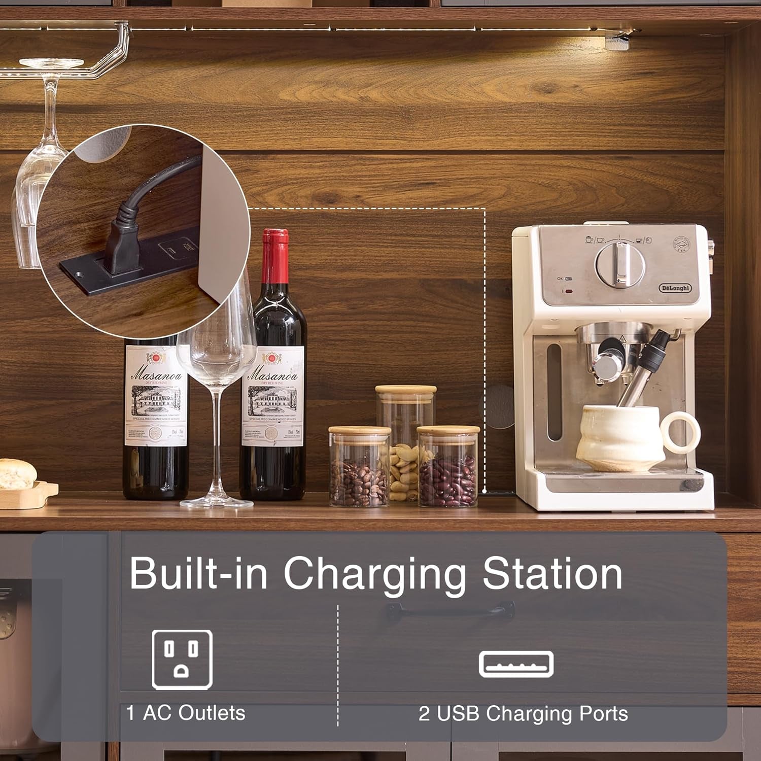 71" Tall Pantry Cabinet, Coffee Bar Storage Cabinet with Charging Station & LED Lights, Kitchen Hutch Food Pantry Cabinet with Wine Rack, Large Drawer, Adjustable Shelves & Microwave Stand, Brown | Coffee Bar, Liquor Cabinet, Power Outlet, LED Lights, Food Pantry, Microwave Stand