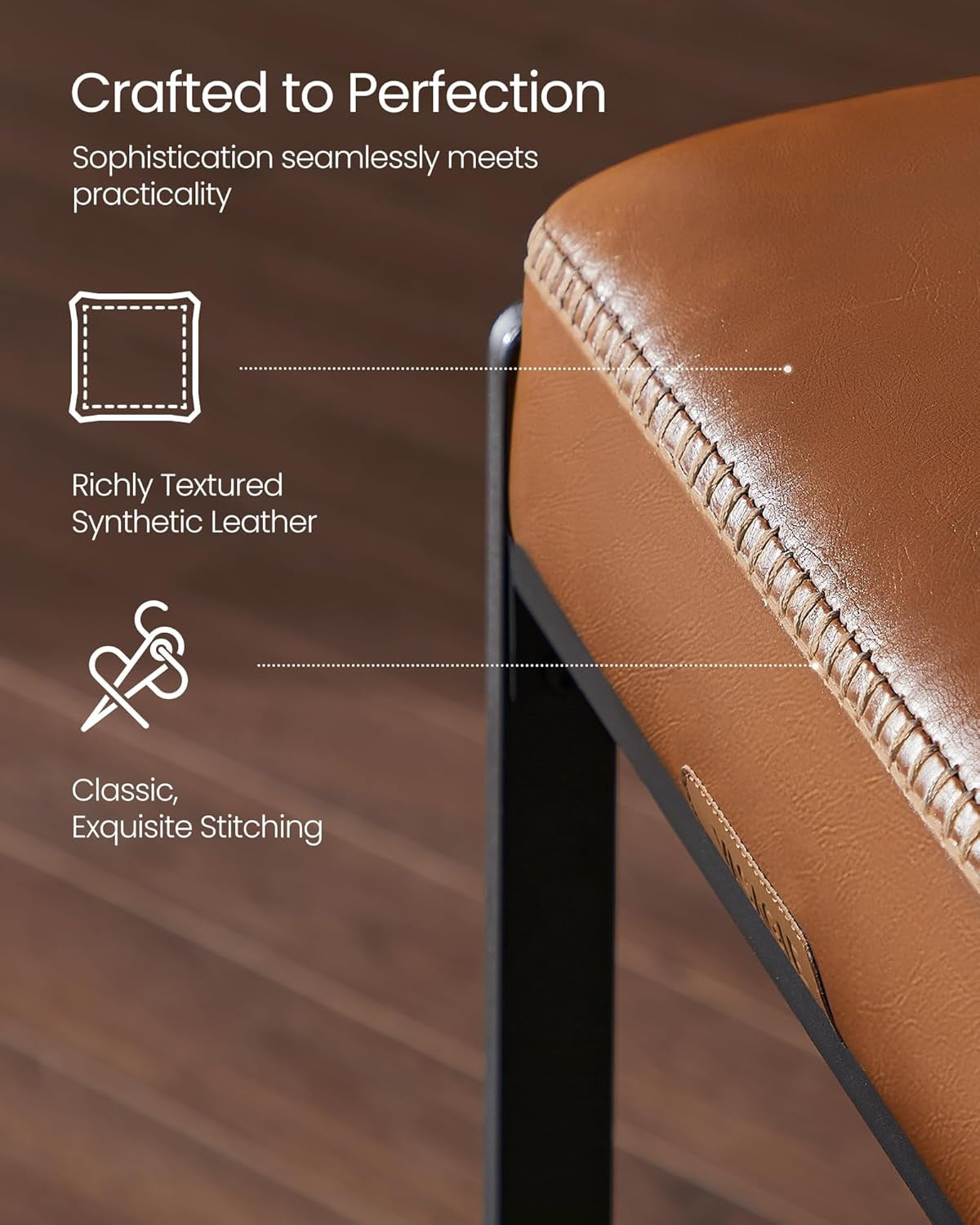 EKHO Collection - Bar Stools Set of 3, Counter Height Bar Stools, Synthetic Leather with Stitching, Mid-Century Modern Counter Stools, 26-Inch Tall, Kichen Home Bar Dining Room, Caramel Brown
