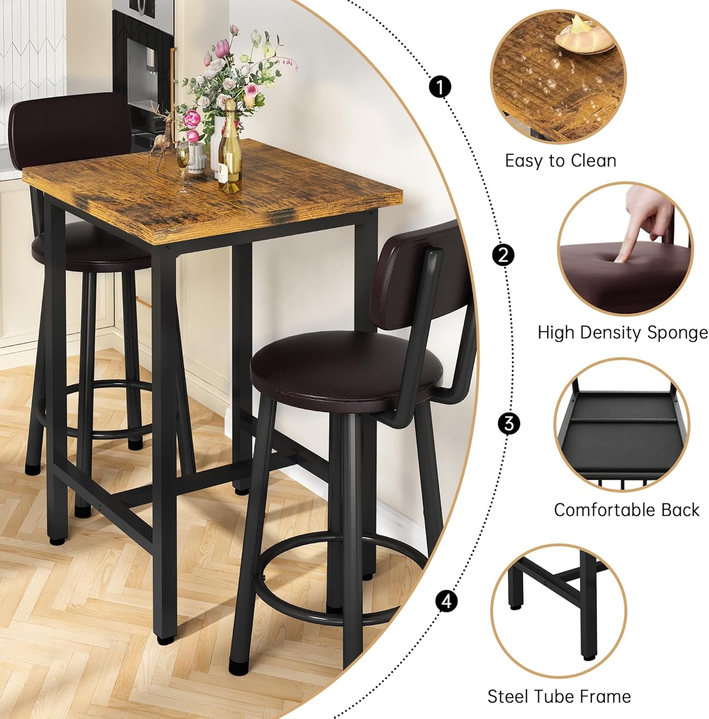 3 Piece Pub Dining Set, Modern Bar Table and Stools for 2 Kitchen Counter Height Wood Top Bistro Easy Assemble for Breakfast Nook Living Room Small Space Restaurant, Rustic Brown 24”