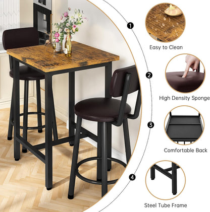 3 Piece Pub Dining Set, Modern Bar Table and Stools for 2 Kitchen Counter Height Wood Top Bistro Easy Assemble for Breakfast Nook Living Room Small Space Restaurant, Rustic Brown 24”