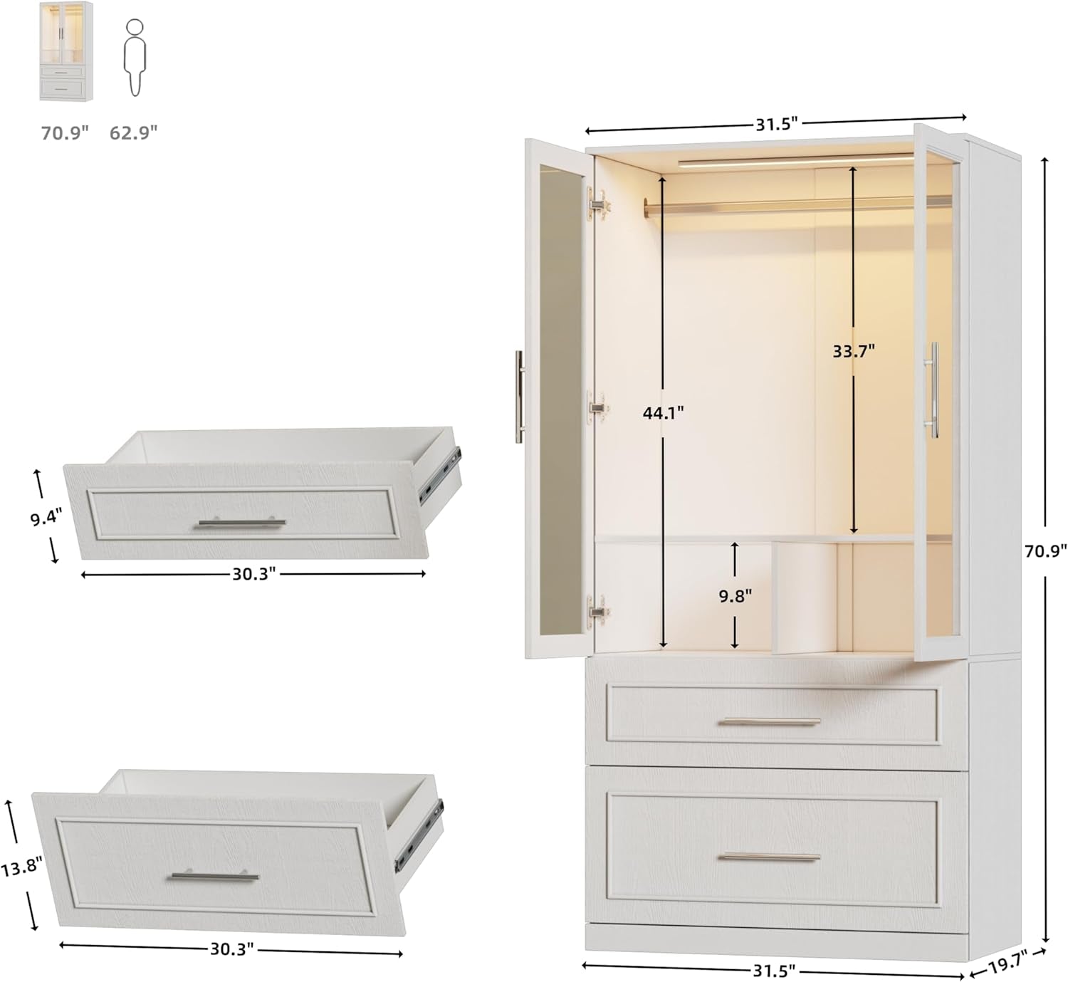 Armoire Wardrobe Closet with Glass Door and Drawers, Bedroom Closet Wardrobe Cabinet with Hanging Rod, Lighted Freestanding Armoire Storage Cabinet for Bedroom Cloakroom White