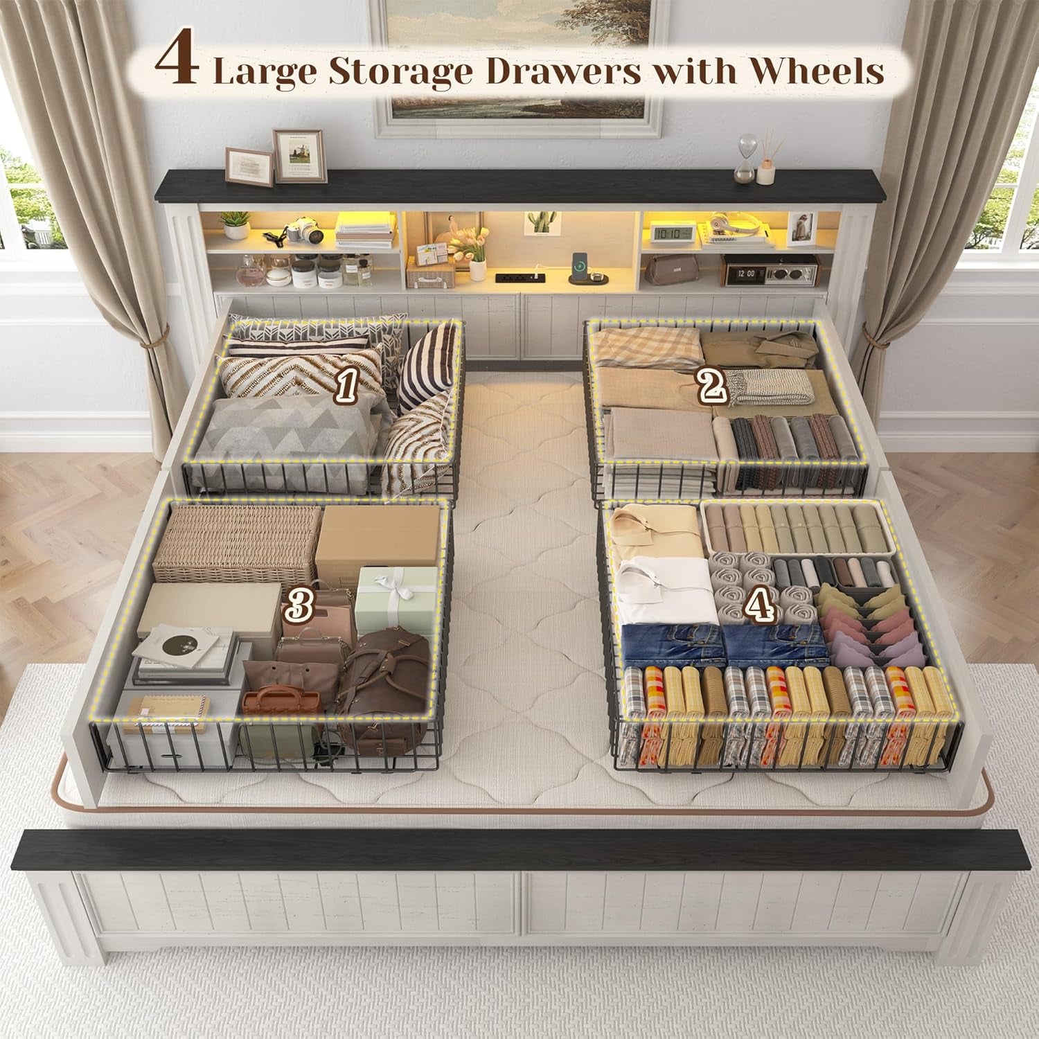 King Size Bed Frame and Headboard & Storage, 4 Drawers and LED Built in Charging Station King Bed Frame with Storage Farmhouse,No Noise,No Box Spring Needed,White