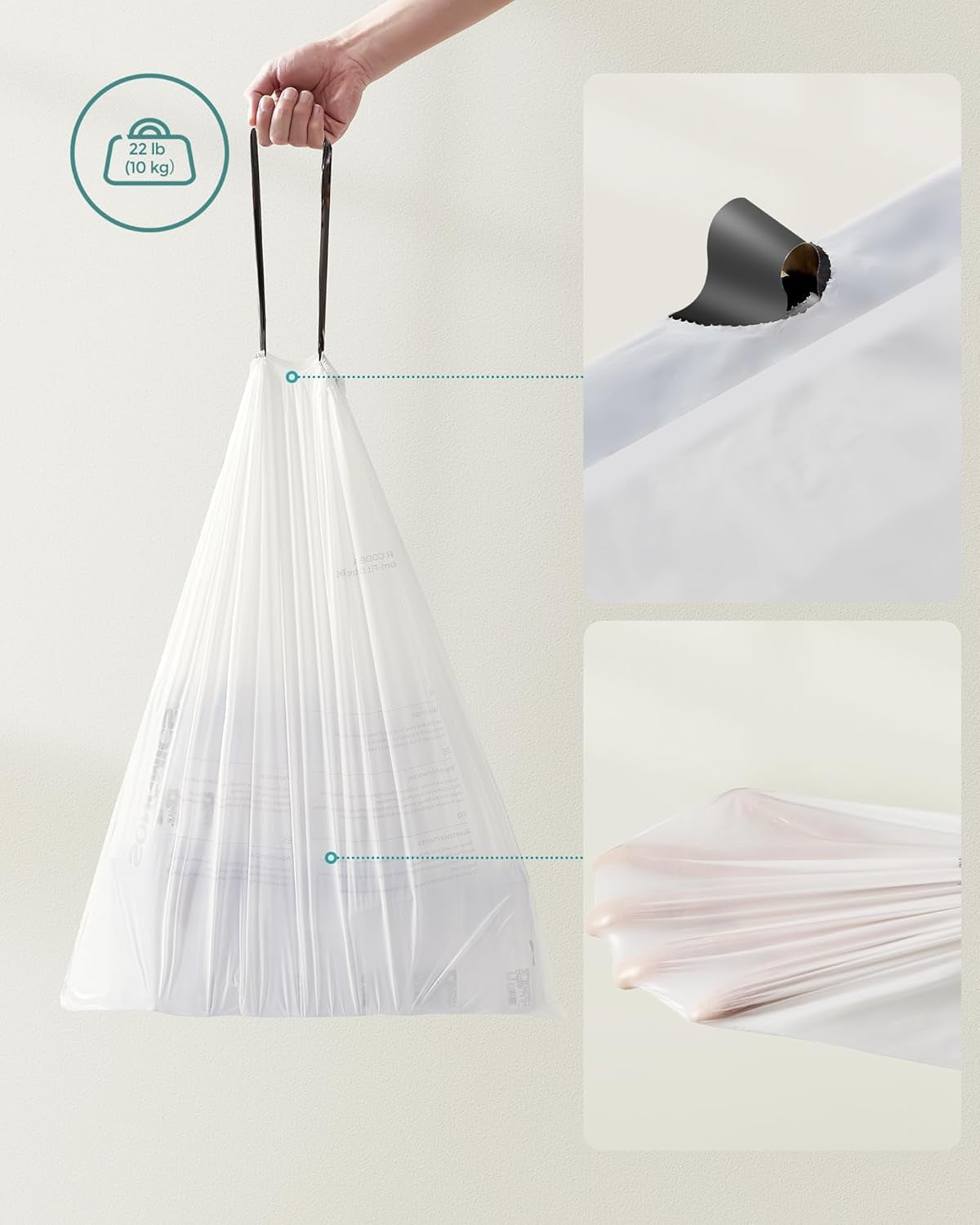 Trash Bags for 8-Gallon (30 L) Trash Cans, Drawstring Kitchen Garbage Bags, Pre-Separated, Liner Code 30A, 1 Roll, 45 Count, White UKRB30A