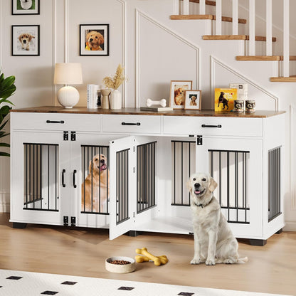 71 Inch Dog Crate Furniture for 2 Dogs, Extra Large Double Dog Cage with 3 Drawers, XXL Dog Crate for Large Breed Dogs, Wooden Dog Kennel Indoor TV Stand, Dog Kennel Furniture with Divider