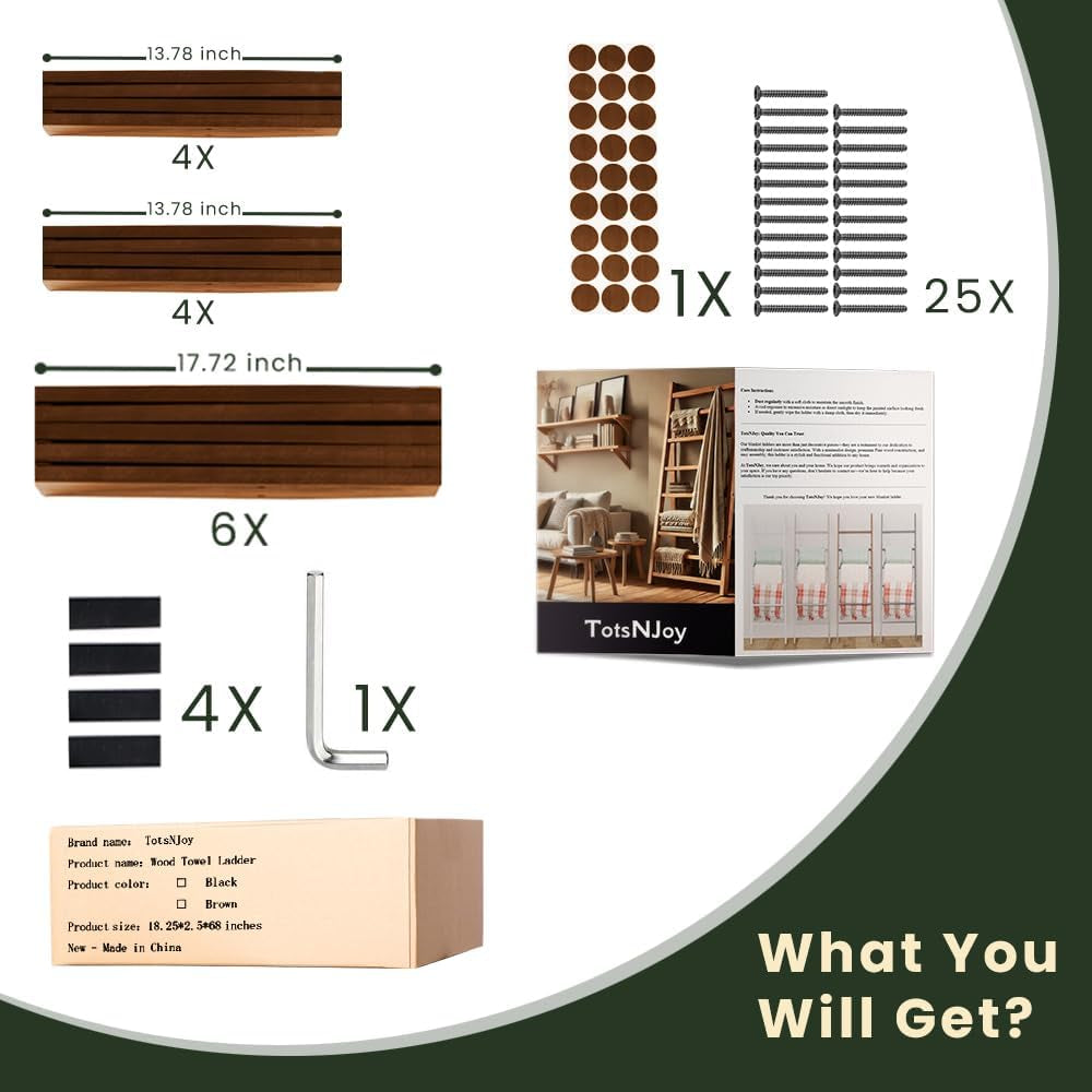 Decorative Wooden Blanket Ladder for the Living Room and Bedroom, 5Ft 8 Inch, Pine Wood Quilt Ladder, 6-Tier Wall Leaning Blanket Rack Stand, Farmhouse Blanket Ladder for Home Décor N Display.(Brown)