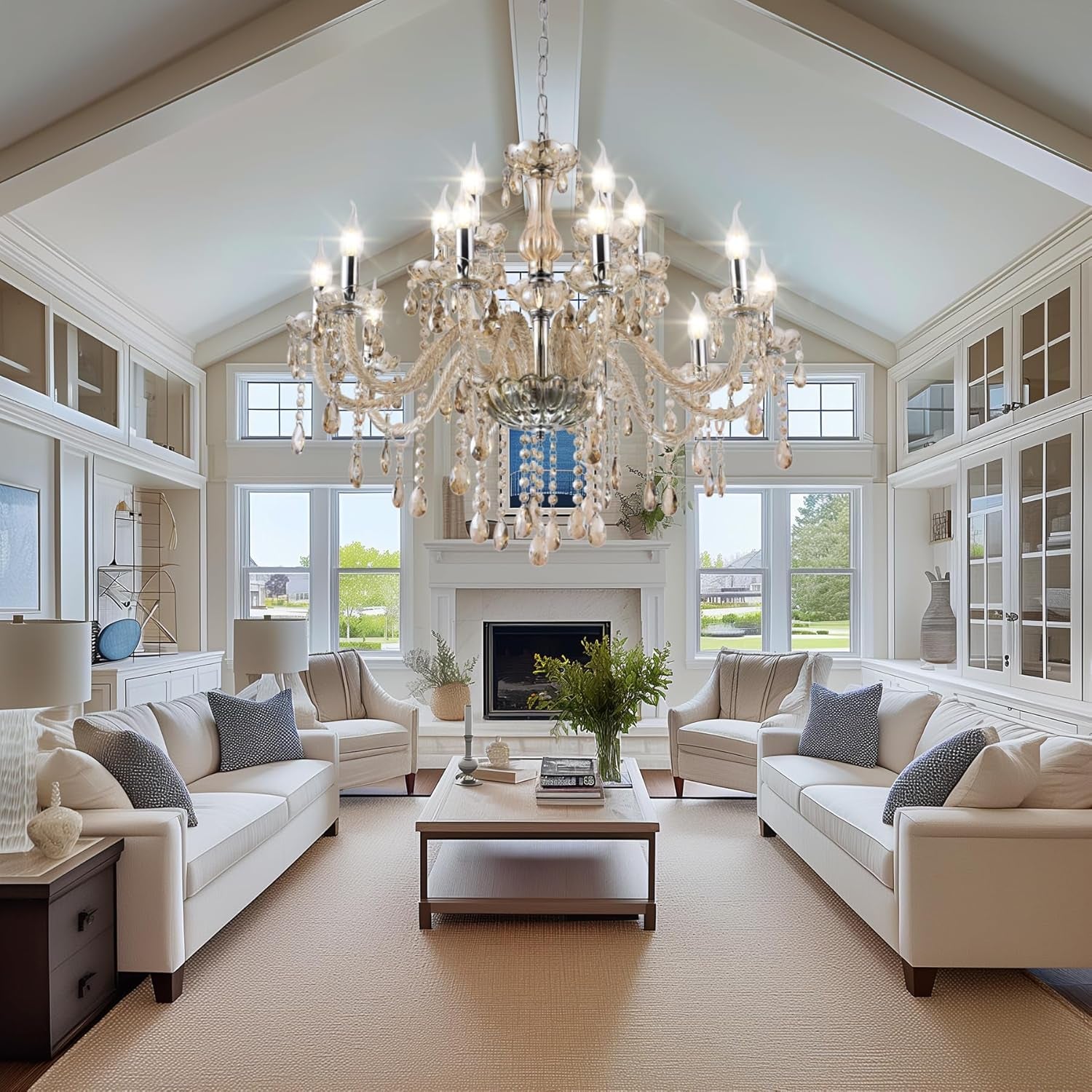 Luxury Cognac Large Crystal Chandeliers for High Ceiling,15-Light 30.7" Large Chandeliers for Dining Room,Living Room,Bedroom,Foyer,Staircase
