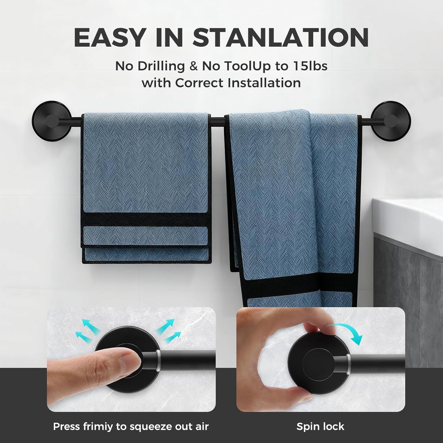 Adjustable Suction Cup Towel Bar for Bathroom Wall,14.6Inch~24 Inch Towel Racks for Bathroom,Stainless Steel Bath Towel Holder for Shower(Matte Black)