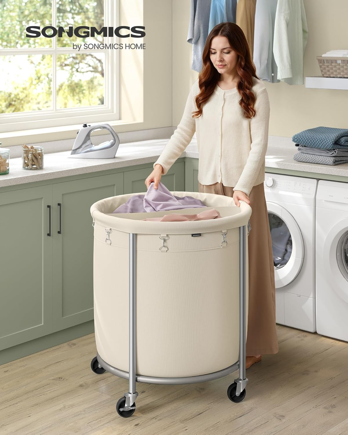 63.5-Gallon (240 L) Laundry Basket with Wheels, Rolling round Heavy-Duty Laundry Hamper Cart with Steel Frame and Removable Bag, 2 Locking Wheels, Cream White and Metallic Silver URLS012W01