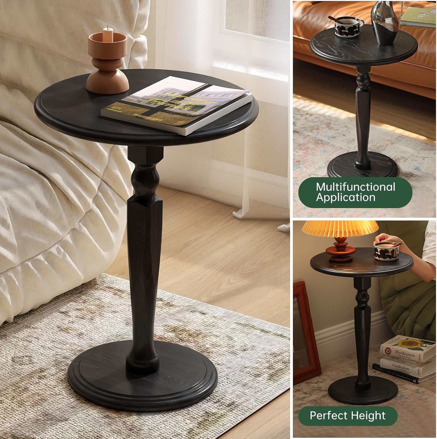 100% Solid Oak round Pedestal Side Table for Living Rooms, Small Drink Tables for Small Spaces, Tall End Table for Bedroom, Corners, and Nursery (Black, 15.75" D X 21.26" H)