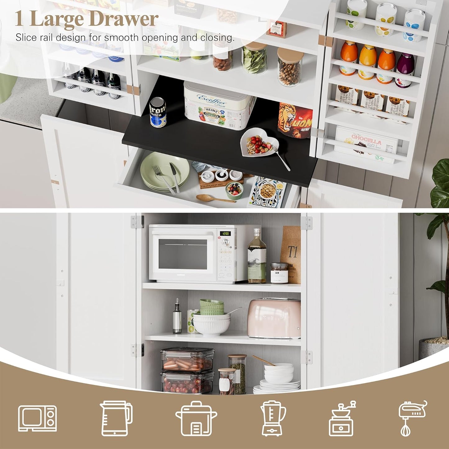 Kitchen Pantry Storage Cabinet with Barn Doors, Drawer and Adjustable Shelves, 6-Tier Tall Rustic Wood Cupboard Locker for Kitchen, Dining Room, Living Room, Bathroom, (White)
