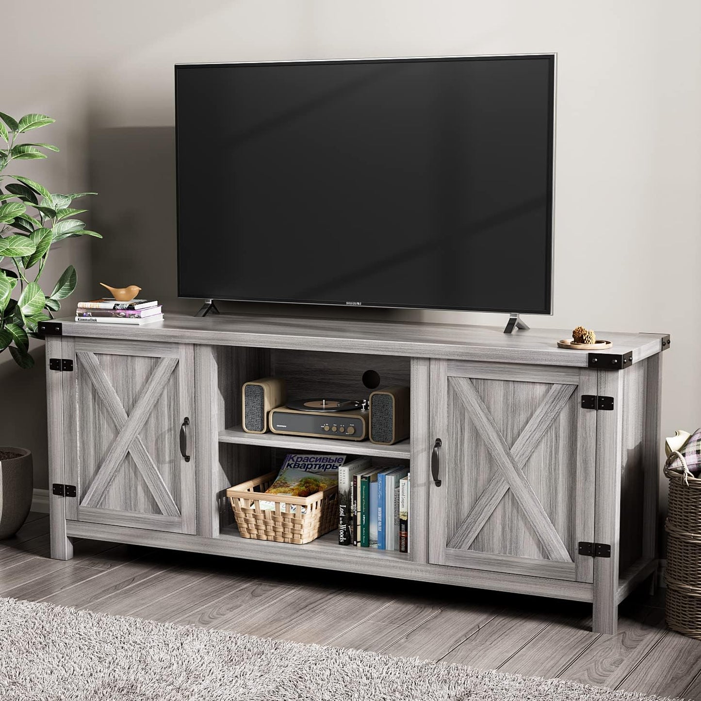 Modern Farmhouse TV Stand with Two Barn Doors and Storage Cabinets for Televisions up to 65+ Inch, Entertainment Center Console Table, Media Furniture for Living Room, 58 Inch, Gray Wash