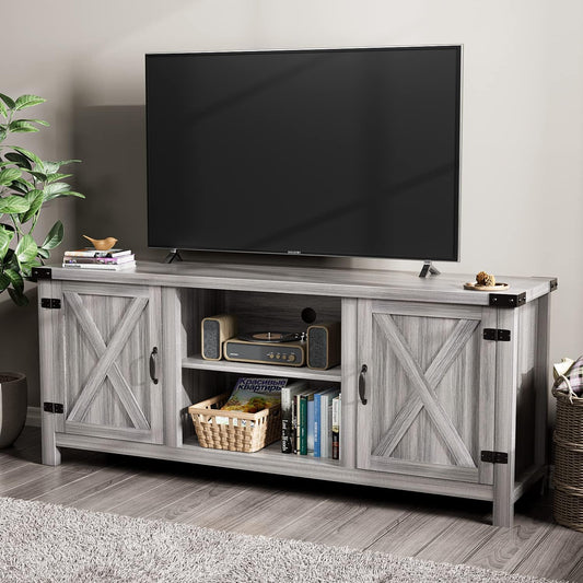 Modern Farmhouse TV Stand with Two Barn Doors and Storage Cabinets for Televisions up to 65+ Inch, Entertainment Center Console Table, Media Furniture for Living Room, 58 Inch, Gray Wash