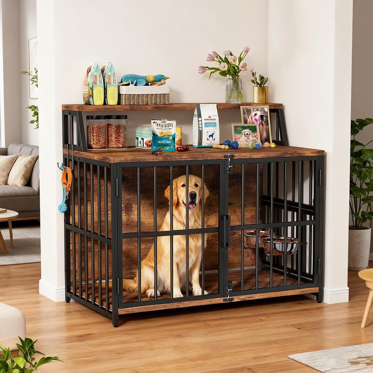 Heavy Duty Dog Crate Furniture -  40” Large Dog Kennel Furniture with Elevated Stainless Steel Bowls, Wooden Dog Crate with Storage, Brown Dog Crates for Small Medium Dogs