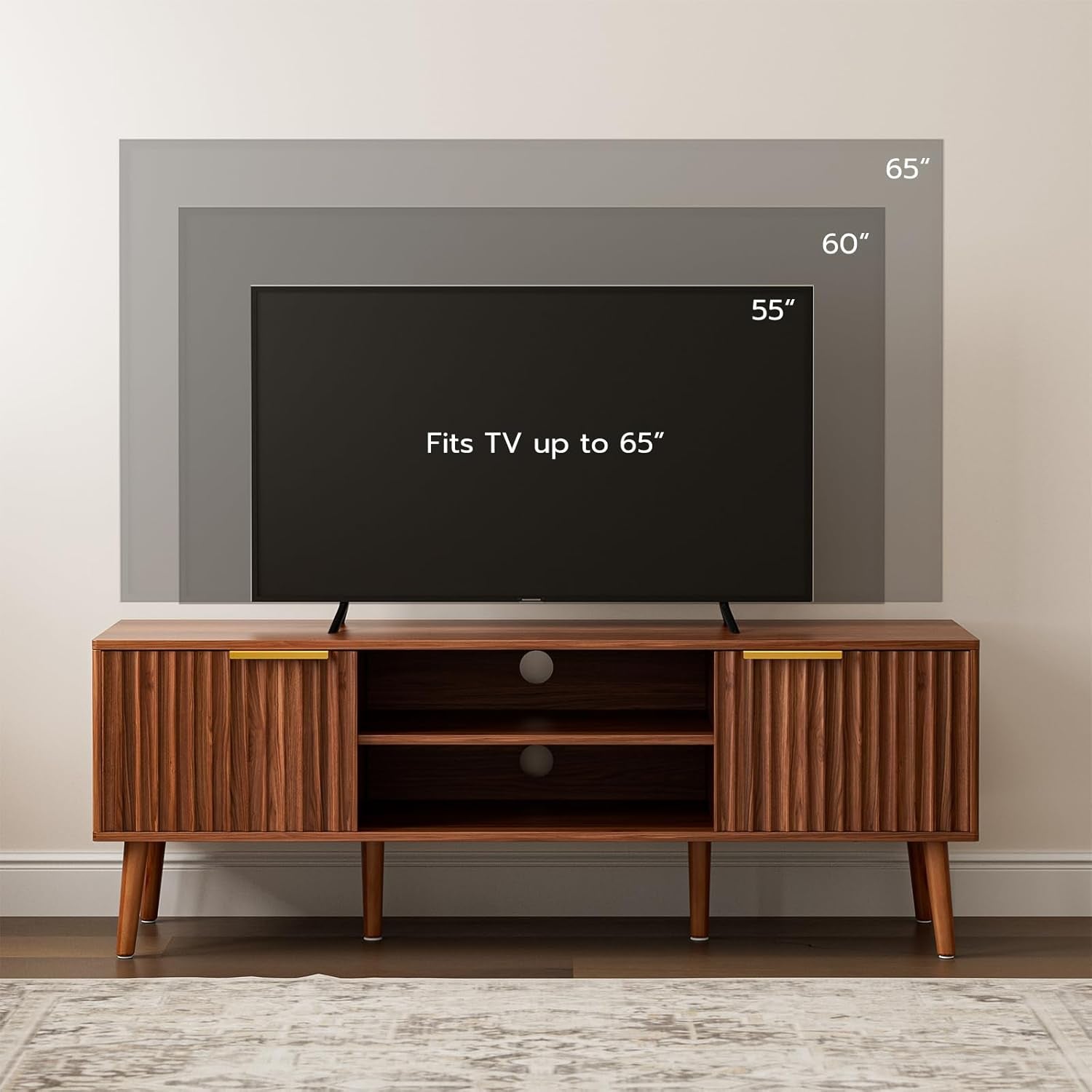 TV Stand for Living Room, Mid Century Modern Entertainment Center for 55/60 Inch Tvs, TV Console with Fluted Door Cabinets and Open Shelves, for Bedroom, Walnut