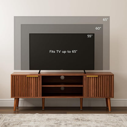 TV Stand for Living Room, Mid Century Modern Entertainment Center for 55/60 Inch Tvs, TV Console with Fluted Door Cabinets and Open Shelves, for Bedroom, Walnut