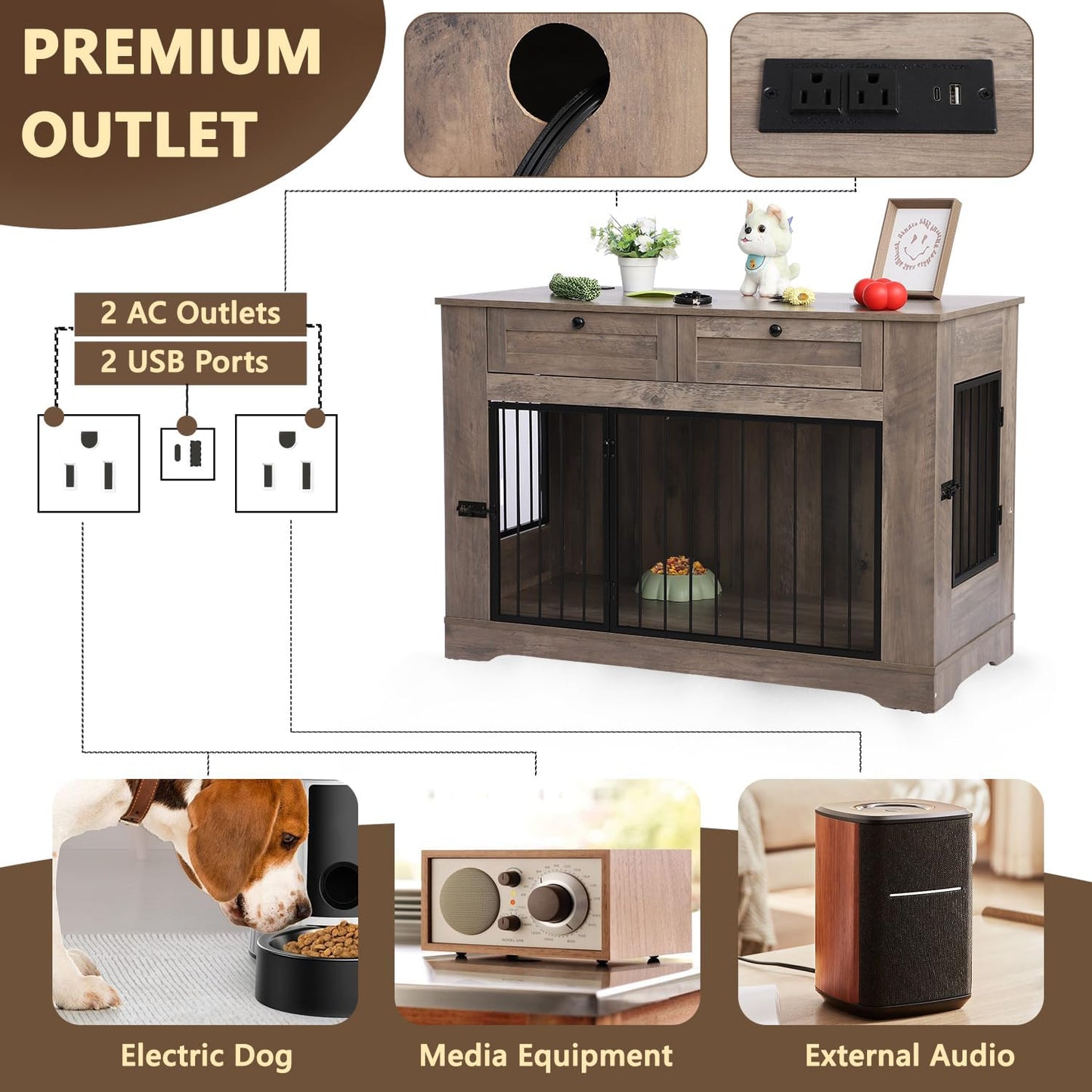 Large Dog Crate Furniture-Decorative Heavy Duty Dog Cage Indoor, Wooden Dog Cage End Table with Charging Station, Dog House with 2 Drawers (Gray, 47.2''L)